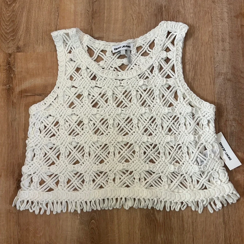 DKNY Jeans Womens Ivory Macrame Crochet Fringe Hem Sleeveless Tank Top Large New